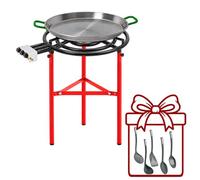 WELL HOME MOBILIARIO & DECORACIÓN Paellero Completo Marjal con Quemador de Gas Ø60 cm 3 Fuegos y 3 Patas: Paellera de Acero Pulido, Soporte y 5 Utensilios de Regalo - Paellera Ø60 cm, 20 Raciones
