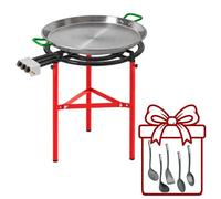 WELL HOME MOBILIARIO & DECORACIÓN Paellero Completo Marjal con Quemador de Gas Ø60 cm 3 Fuegos y 3 Patas: Paellera de Acero Pulido, Soporte y 5 Utensilios de Regalo - Paellera Ø65 cm, 25 Raciones