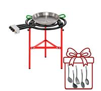 WELL HOME MOBILIARIO & DECORACIÓN Paellero Completo Marjal con Quemador de Gas Ø70 cm 3 Fuegos y 3 Patas: Paellera de Acero Pulido, Soporte y 5 Utensilios de Regalo - Paellera Ø46 cm, 12 Raciones