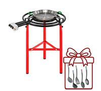 WELL HOME MOBILIARIO & DECORACIÓN Paellero Completo Marjal con Quemador de Gas Ø70 cm 3 Fuegos y 3 Patas: Paellera de Acero Pulido, Soporte y 5 Utensilios de Regalo - Paellera Ø40 cm, 9 Raciones