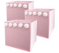 SET DE 3 CAJAS DE ALMACENAMIENTO INFANTIL CON POMPONES COLOR ROSA - 29 x 29 x 29 cm