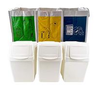WELL HOME MOBILIARIO & DECORACIÓN Set de 3 cubos de reciclaje blanco con capacidad total 60 litros, 39x23x33 cm, con 3 bolsas de reciclaje para exterior