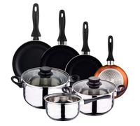 Well Home Pack Batería de cocina 5 Piezas en acero inoxidable + Sartenes Ø16Ø20Ø24Ø28cm Aluminio prensado Bronce metalizado