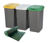 WELL HOME - Papeleras de rciclaje 3 compartimentos 3x 25L + Rollo de 20 bolsas de basura 30L