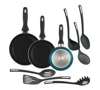 Well Home Set de 3 Sartenes Ø16Ø20Ø24cm de Aluminio prensado en Azul metalizado + 6 Utensilios de cocina en PBT color Negro