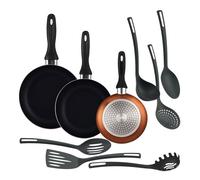 Well Home Set de 3 Sartenes Ø16Ø20Ø24cm de Aluminio prensado en Bronce metalizado + 6 Utensilios de cocina en PBT color Negro