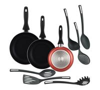 Well Home Set de 3 Sartenes Ø16Ø20Ø24cm de Aluminio prensado en Cobre metalizado + 6 Utensilios de cocina en PBT color Negro