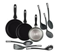 Well home set de 3 sartenes ø16ø20ø24cm de aluminio en gris metalizado + 6 utensilios de cocina en pbt color negro