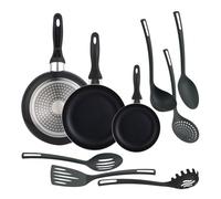 Well Home Set de 3 Sartenes Ø16Ø20Ø24cm de Aluminio prensado en Negro + 6 Utensilios de cocina en PBT color Negro