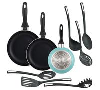 Well Home Set de 3 Sartenes Ø16Ø20Ø24cm de Aluminio prensado en Azul mate + 6 Utensilios de cocina en PBT color Negro