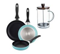 Well Home Set de 3 Sartenes Ø16Ø20Ø24cm de Aluminio prensado en Azul mate+Cafetera de émbolo de vidrio borosilicato 15,8x10x18,8cm