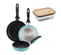 Well Home Set de 3 Sartenes Ø16Ø20Ø24cm de Aluminio prensado en Azul mate+Hermético de 650ml en vidrio de borosilicato