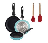 Well Home Set de 3 Sartenes Ø16Ø20Ø24cm de Aluminio prensado en Azul mate+Juego de 2 utensilios de cocina de silicona