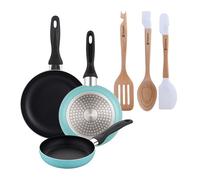 Well home set de 3 sartenes ø16ø20ø24cm de aluminio prensado en azul mate+juego de 3 utensilios de cocina en silicona y madera