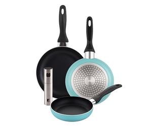 Well Home Set de 3 Sartenes Ø16Ø20Ø24cm de Aluminio prensado en Azul mate+Pulverizador de Aceite y vinagre Ø4x17,5cm en acero inoxidable