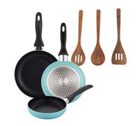 Well Home Set de 3 Sartenes Ø16Ø20Ø24cm de Aluminio prensado en Azul mate+Set 3pc utensilios cocina madera acacia