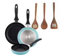 Well Home Set de 3 Sartenes Ø16Ø20Ø24cm de Aluminio prensado en Azul mate+Set 3pc utensilios cocina madera acacia