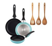 Well Home Set de 3 Sartenes Ø16Ø20Ø24cm de Aluminio prensado en Azul mate+Set 3pcs utensilios de cocina acacia