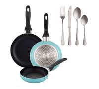 Well Home Set de 3 Sartenes Ø16Ø20Ø24cm de Aluminio prensado en Azul mate+Set de 16 Cubiertos en Acero Inoxidable
