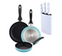 Well Home Set de 3 Sartenes Ø16Ø20Ø24cm de Aluminio prensado en Azul mate+Set de 3 Cuchillos con Tacoma en Acero inoxidable