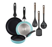 Well home set de 3 sartenes ø16ø20ø24cm de aluminio prensado en azul mate+ set de 3 utensilios de cocina de pbt negro y cobre