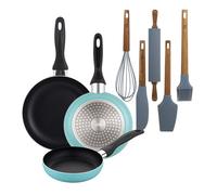 Well Home Set de 3 Sartenes Ø16Ø20Ø24cm de Aluminio prensado en Azul mate+Set de 5 Utensilios de Cocina de Silicona y Madera de Acacia