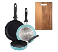 Well Home Set de 3 Sartenes Ø16Ø20Ø24cm de Aluminio prensado en Azul mate+Tabla de cortar 40,3x25,2x2,5cm de madera de acacia