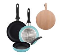 Well Home Set de 3 Sartenes Ø16Ø20Ø24cm de Aluminio prensado en Azul mate+Tabla de corte Redonda de 38x28x1,5cm en madera de haya