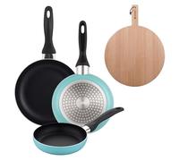Well home set de 3 sartenes ø16ø20ø24cm de aluminio prensado en azul mate+tabla de corte redonda de 38x28x1,5cm en madera de haya