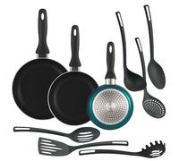 Well Home Set de 3 Sartenes Ø16Ø20Ø24cm de Aluminio prensado en Azul metalizado + 6 Utensilios de cocina en PBT color Negro