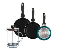 Well Home Set de 3 Sartenes Ø16Ø20Ø24cm de Aluminio prensado en Azul metalizado+Cafetera de émbolo de vidrio borosilicato 15,8x10x18,8cm