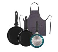 Well home set de 3 sartenes ø16ø20ø24cm de aluminio prensado en azul metalizado+delantal de cocina gris oscuro 100% algodón 75x80cm