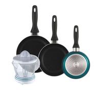Well home set de 3 sartenes ø16ø20ø24cm de aluminio prensado en azul metalizado+exprimidor de 40w de potencia - capacidad de 1.2 litros