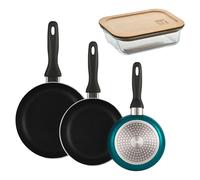 Well home set de 3 sartenes ø16ø20ø24cm de aluminio prensado en azul metalizado+hermético de 650ml en vidrio de borosilicato 36 cm