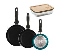 Well Home Set de 3 Sartenes Ø16Ø20Ø24cm de Aluminio prensado en Azul metalizado+Hermético de 650ml en vidrio de borosilicato