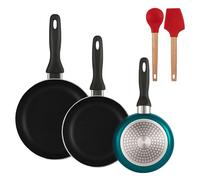 Well home set de 3 sartenes ø16ø20ø24cm de aluminio prensado en azul metalizado+juego de 2 utensilios de cocina de silicona 14 cm