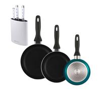 Well Home Set de 3 Sartenes Ø16Ø20Ø24cm de Aluminio prensado en Azul metalizado+Juego de 3 Cuchillos de acero inoxidable + Tacoma en color Blanco