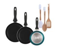Well Home Set de 3 Sartenes Ø16Ø20Ø24cm de Aluminio prensado en Azul metalizado+Juego de 3 Utensilios de cocina en silicona y madera