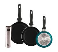 Well Home Set de 3 Sartenes Ø16Ø20Ø24cm de Aluminio prensado en Azul metalizado+Pulverizador de Aceite y vinagre Ø4x17,5cm en acero inoxidable