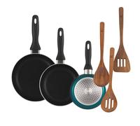 Well Home Set de 3 Sartenes Ø16Ø20Ø24cm de Aluminio prensado en Azul metalizado+Set 3pc utensilios cocina madera acacia
