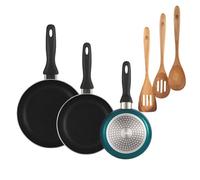 Well Home Set de 3 Sartenes Ø16Ø20Ø24cm de Aluminio prensado en Azul metalizado+Set 3pcs utensilios de cocina acacia