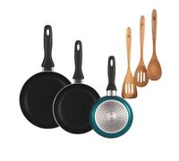 Well home set de 3 sartenes ø16ø20ø24cm de aluminio prensado en azul metalizado+set 3pcs utensilios de cocina acacia