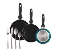 Well Home Set de 3 Sartenes Ø16Ø20Ø24cm de Aluminio prensado en Azul metalizado+Set de 16 Cubiertos en Acero Inoxidable
