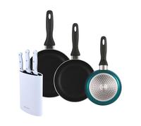 Well home set de 3 sartenes ø16ø20ø24cm de aluminio prensado en azul metalizado+set de 3 cuchillos con tacoma en acero inoxidable