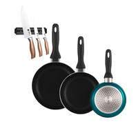 Well Home Set de 3 Sartenes Ø16Ø20Ø24cm de Aluminio prensado en Azul metalizado+Set de 3 Cuchillos en acero inoxidable con Soporte magnético de pared