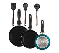Well home set de 3 sartenes ø16ø20ø24cm de aluminio prensado en azul metalizado+ set de 3 utensilios de cocina de pbt negro y cobre