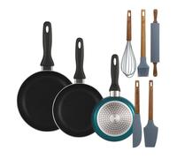 Well home set de 3 sartenes ø16ø20ø24cm de aluminio prensado en azul metalizado+set de 5 utensilios de cocina de silicona y madera de acacia