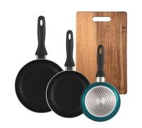 Well Home Set de 3 Sartenes Ø16Ø20Ø24cm de Aluminio prensado en Azul metalizado+Tabla de cortar 40,3x25,2x2,5cm de madera de acacia