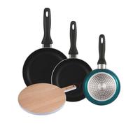 Well Home Set de 3 Sartenes Ø16Ø20Ø24cm de Aluminio prensado en Azul metalizado+Tabla de corte Redonda de 38x28x1,5cm en madera de haya