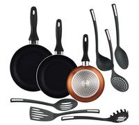 Well Home Set de 3 Sartenes Ø16Ø20Ø24cm de Aluminio prensado en Bronce metalizado + 6 Utensilios de cocina en PBT color Negro